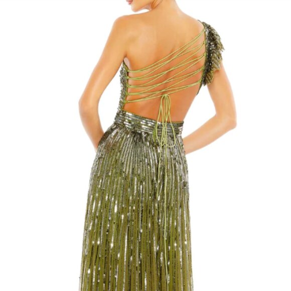 MAC DUGGAL 5565 SEQINED ONE SHOULDER FLUTTER SLEEVE A-LINE OLIVE GOWN sz 6 - Picture 2 of 5